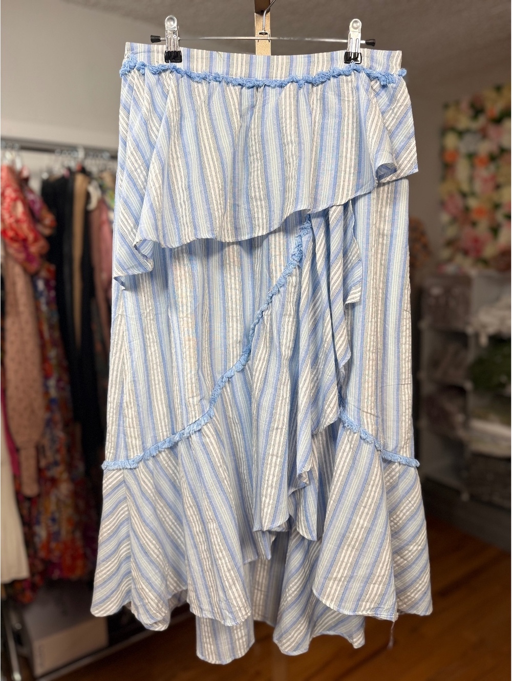 MOON RIVER Blue White Striped Asymmetrical Ruffle Midi Skirt NWOT